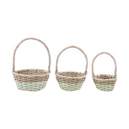 Cesta Com Alça Em Madeira Bege / Verde Jogo Com 3 Unidades (Cestaria)