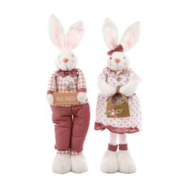 Casal de Coelhos Xadrez Floral Em Tecido 65cm Sortido Branco / Vermelho / Rosa (Mochi)