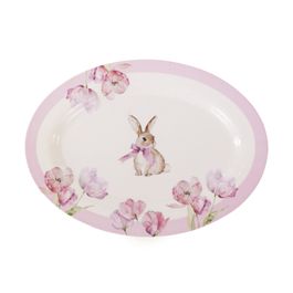 Bandeja Oval Coelho com Flores Em Melamina Branco / Lilas (Para Servir)