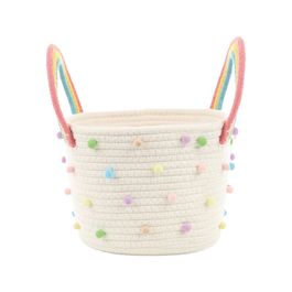 Cesta Redonda com Alça Arco-íris e Pompom Colorido em Tecido 22cm x 22cm (Cestas De Tecido E Feltro)