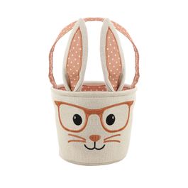 Cesta Redonda com Alça Coelho de Óculos Em Tecido Bege / Laranja 19cm x 19cm (Cestas De Tecido E Feltro)