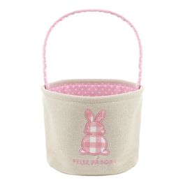 Cesta Redonda com Alça Coelho Xadrez Em Tecido Bege / Rosa 19cm x 19cm (Cestas De Tecido E Feltro)