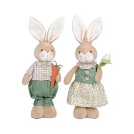 Casal Coelho em Pé 51cm Em Tecido Xadrez e Florido Marrom / Verde (Crumble)