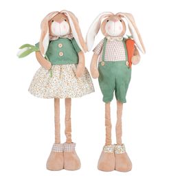 Casal Coelho Perna Retrátil 73cm Em Tecido Xadrez e Florido Marrom / Verde (Crumble)