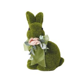 Coelho Decorativo Coberto com Grama e Colar de Rosa Verde 18cm (Mesh)