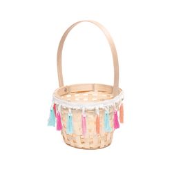 Cesta Decorativa de Bambu e Franja em Tecido Sortido Verde, Amarelo e Rosa (Cestaria)