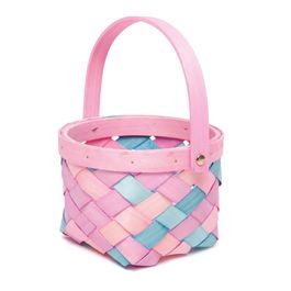 Cesta Redonda com Alça Dobrável Trama em Madeira Rosa e Azul (Cestaria)