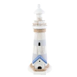 Farol Decorativo com Led em Madeira, Mdf e Juta Azul e Branco