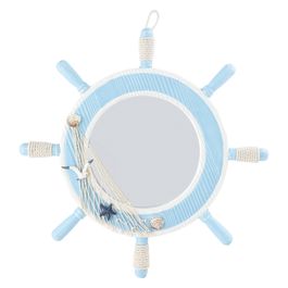 Espelho Decorativo Nautico em Mdf, Vidro, Algodão e Conchas Azul